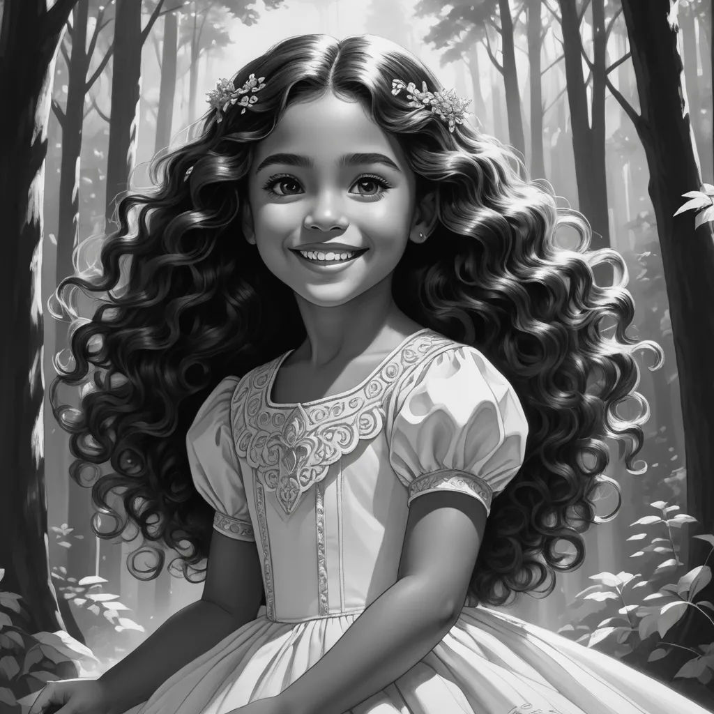 a girl in a dress standing in the woods with long hair and a smile on her face, with a forest background, magical realism, an ultrafine detailed painting, Clarice Beckett, storybook illustration