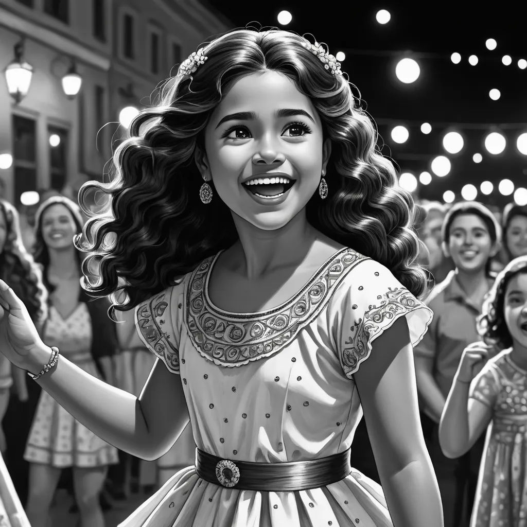a black and white drawing of a girl in a dress with a crowd of people behind her and lights overhead, magical realism, a storybook illustration, disney, storybook illustration