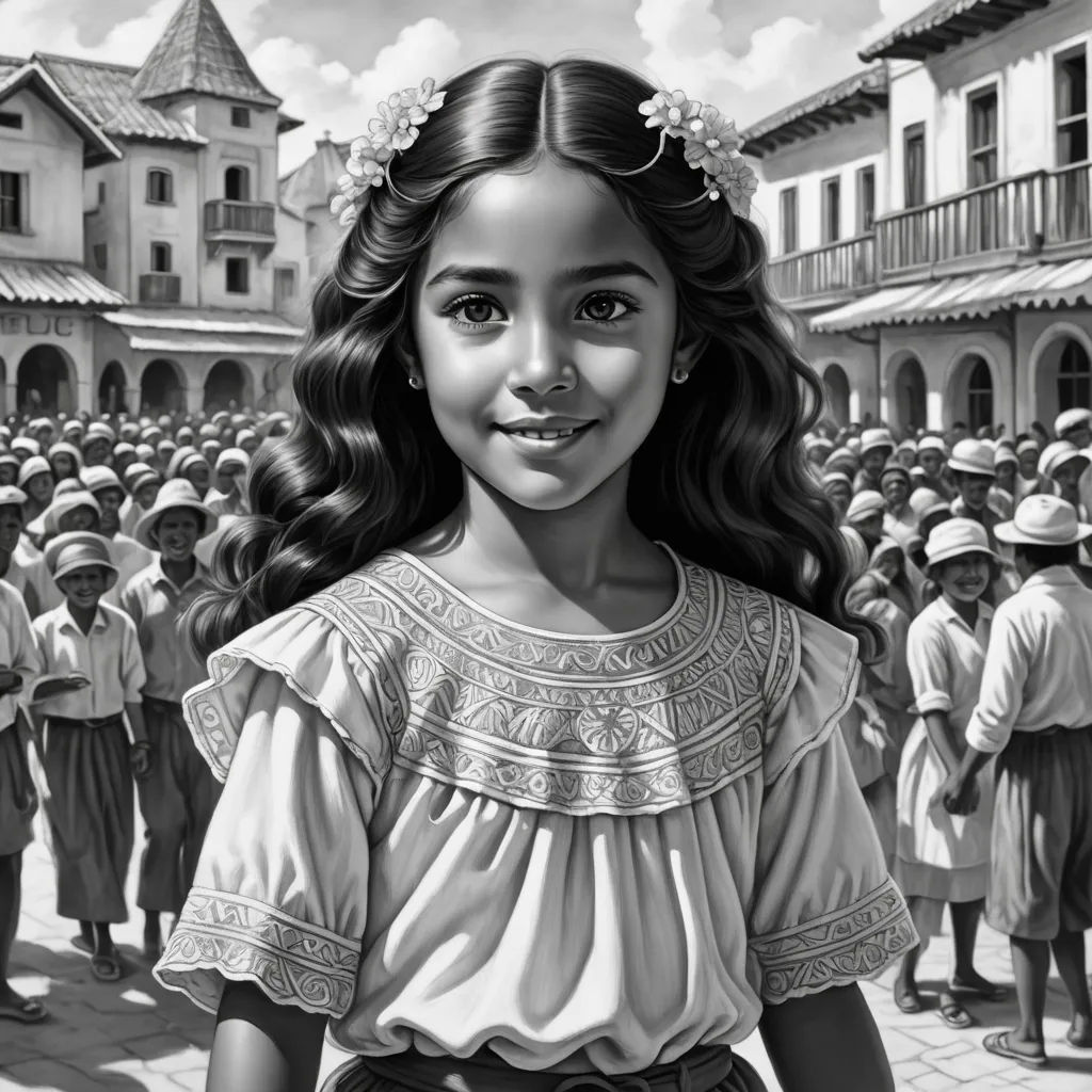 a girl in a dress standing in front of a crowd of people in a city square with a crowd of people in the background, magical realism, an ultrafine detailed painting, Andrew Loomis, behance hd