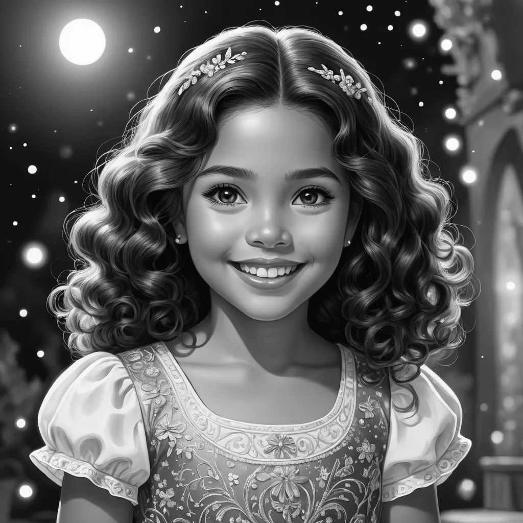 a black and white drawing of a little girl with curly hair and a tiara on her head, smiling, magical realism, an ultrafine detailed painting, Alice Prin, kinkade
