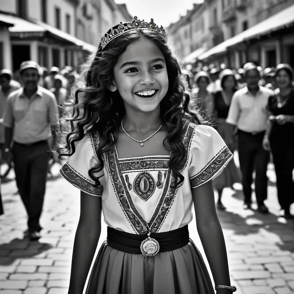 a young girl in a dress and tiara smiles as she walks down a street with other people in the background, magical realism, a black and white photo, Araceli Gilbert, cinematic photography