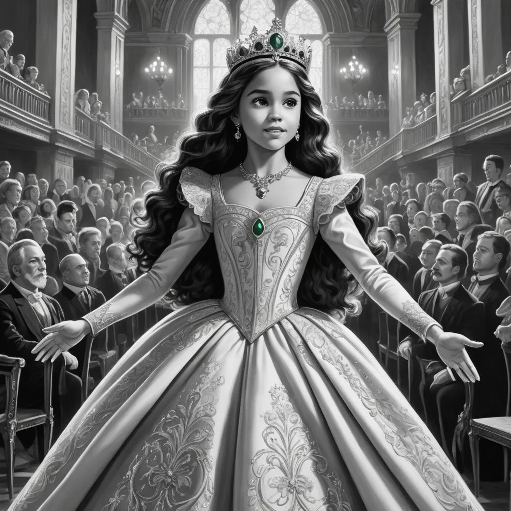 a black and white photo of a princess in a gown with a tiara on her head and people in the background, magical realism, an ultrafine detailed painting, Alice Prin, official art