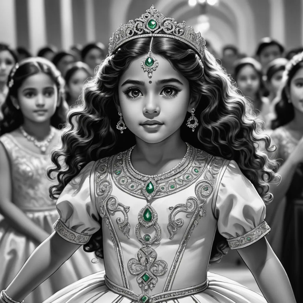 a girl in a princess dress with a tiara and a group of other girls in dresses behind her, samikshavad, a detailed drawing, Ella Guru, official art
