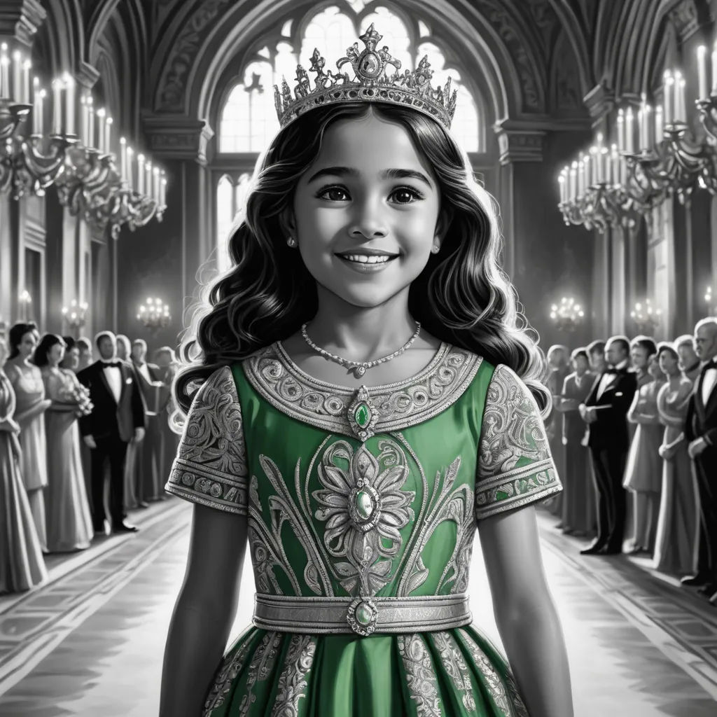 a girl in a green dress and a crown in a room full of people and a chandelier, magical realism, an ultrafine detailed painting, disney, official art