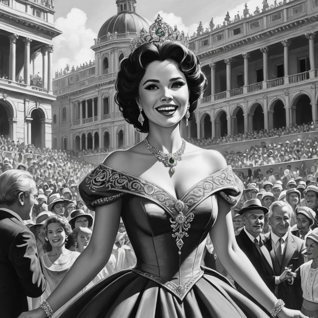 a woman in a dress is standing in front of a crowd of people in a building with a large crowd of people, photorealism, a detailed matte painting, Andrew Loomis, matte drawing