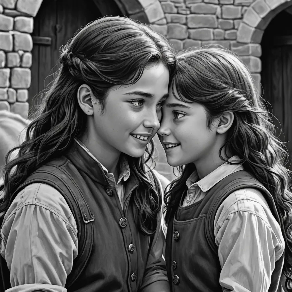 a black and white photo of two girls smiling together, one of them is holding her head to the other's shoulder, photorealism, an ultrafine detailed painting, Diego Gisbert Llorens, highly detailed digital painting