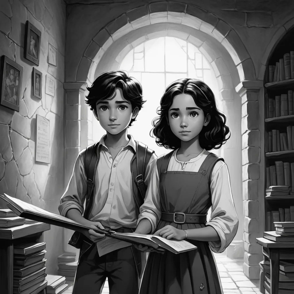 a couple of kids standing next to each other in a room with books on the shelves and a window, sots art, a storybook illustration, Diego Gisbert Llorens, official art