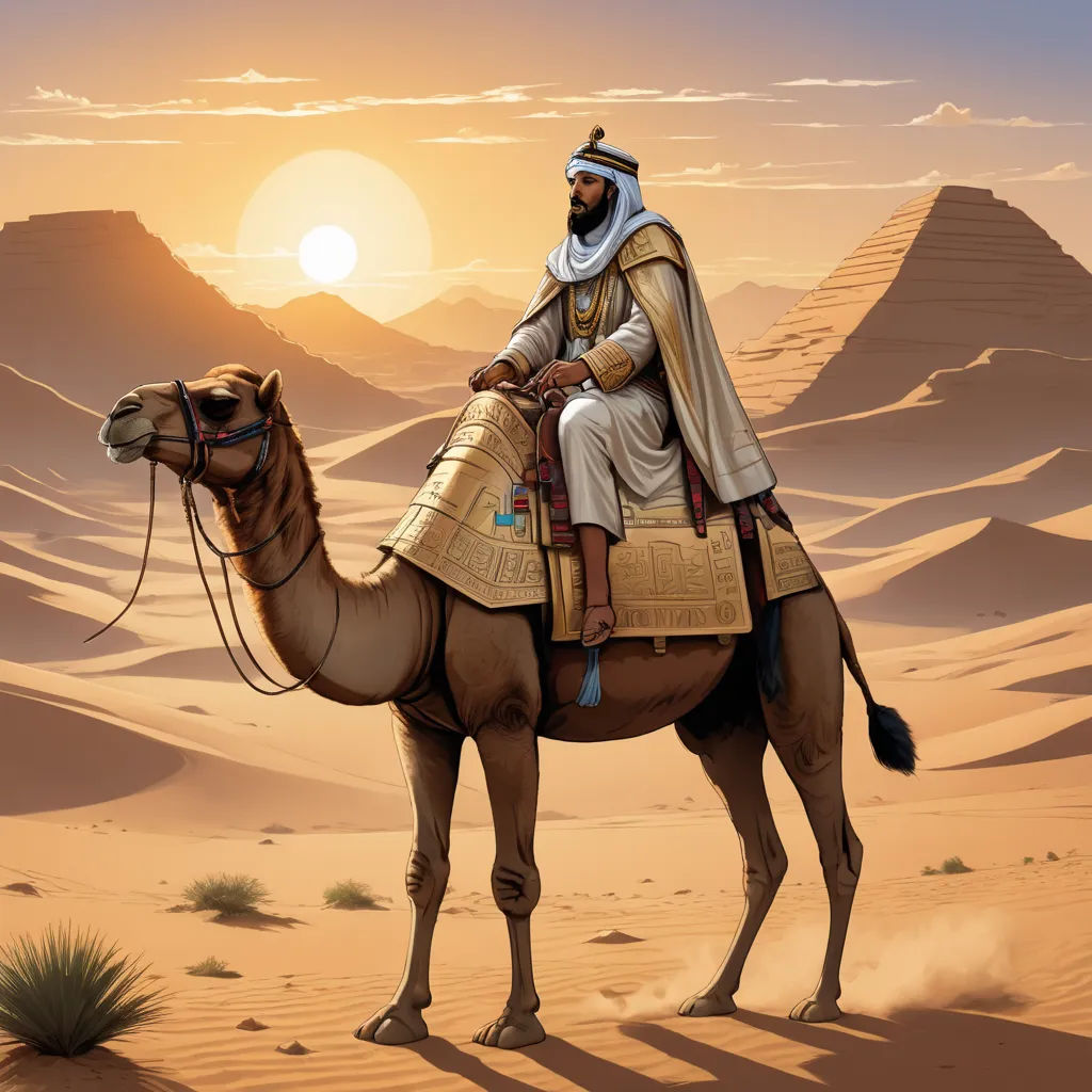 a man riding a camel in the desert at sunset with a pyramid in the background and a desert landscape, dau-al-set, a detailed matte painting, Amédée Ozenfant, desert