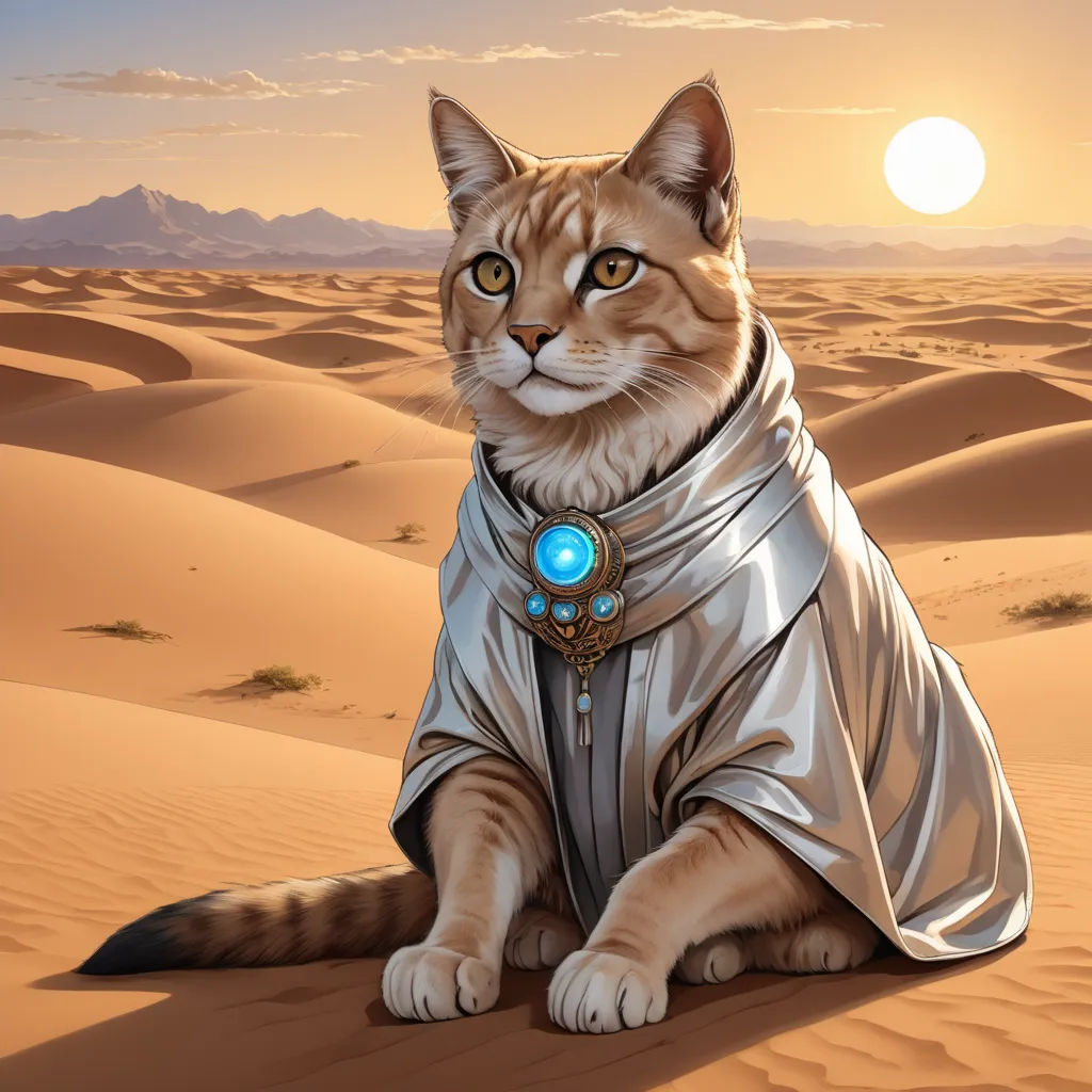 a cat sitting in the desert wearing a silver outfit and a blue jeweled collar and necklace with a mountain in the background, fantasy art, a character portrait, Chris LaBrooy, magic the gathering artwork