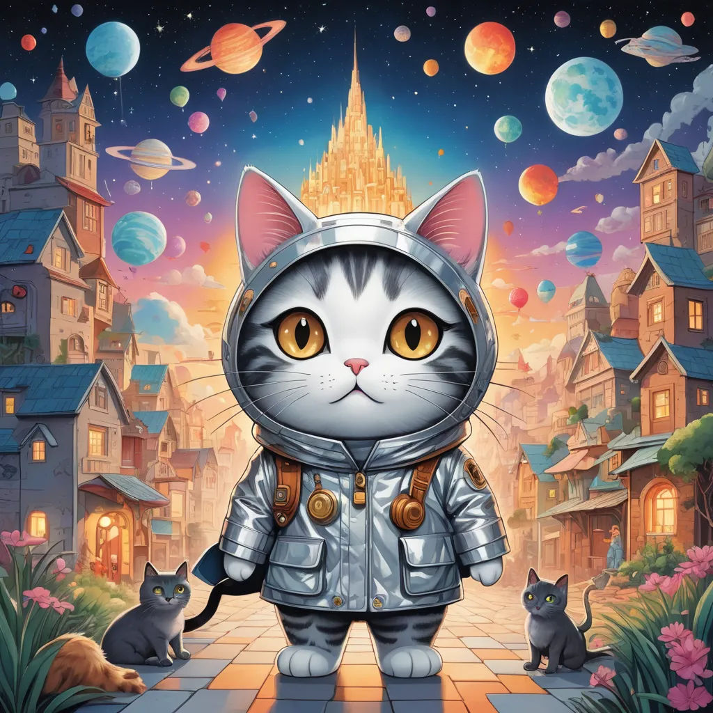 a cat in a space suit standing in front of a city with planets and cats on the ground and a cat in the foreground, space art, an album cover, Chris LaBrooy, josan gonzales and dan mumford