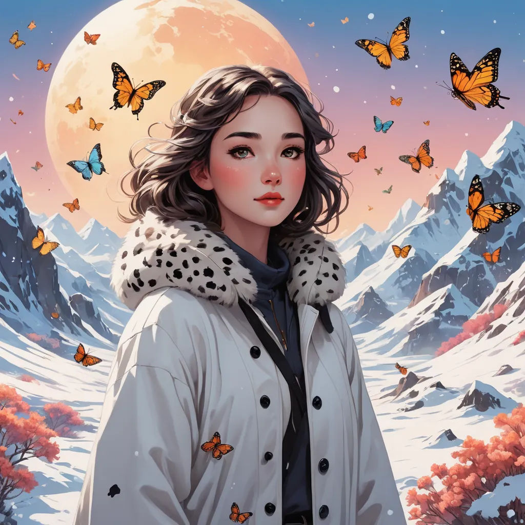 a painting of a woman in a white coat with a leopard print on her coat and a full moon in the background, fantasy art, a detailed painting, Artgerm, stanley artgerm lau