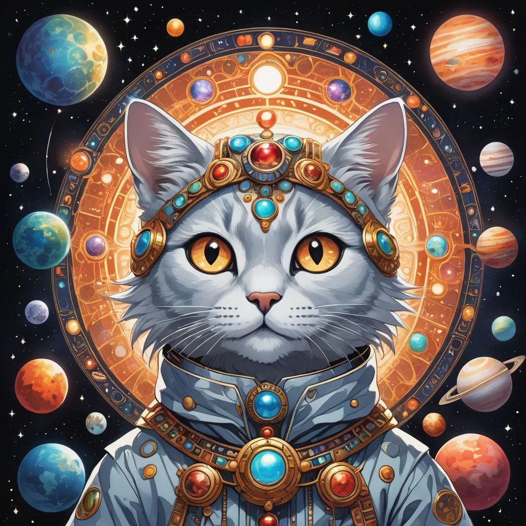 a cat wearing a space suit and a space helmet with planets around it and a space background with a cat wearing a space suit and a space suit, space art, an album cover, Chris LaBrooy, space