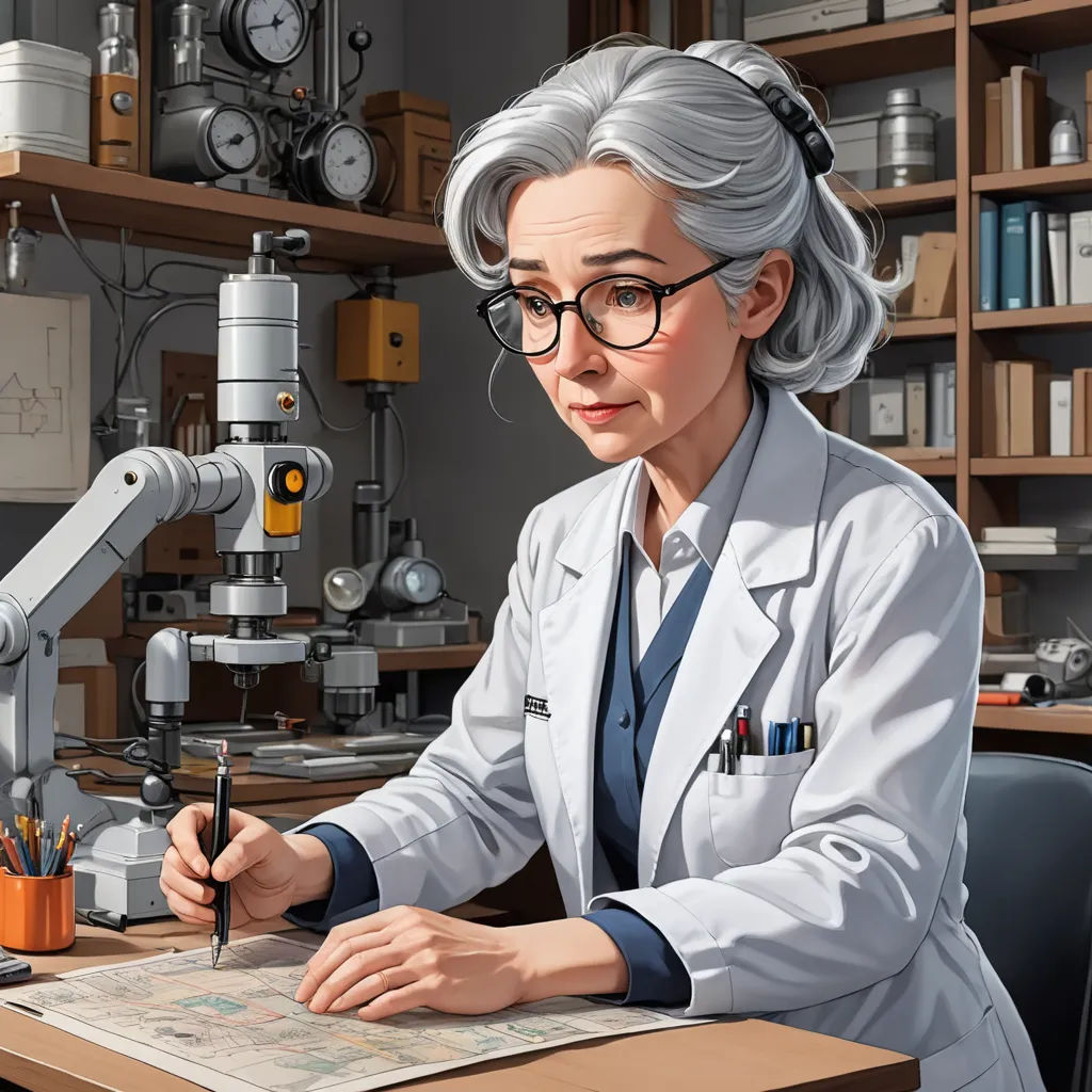 a woman in a lab coat is writing on a piece of paper with a microscope in the background and a microscope in the foreground, academic art, computer graphics, Doc Hammer, official art
