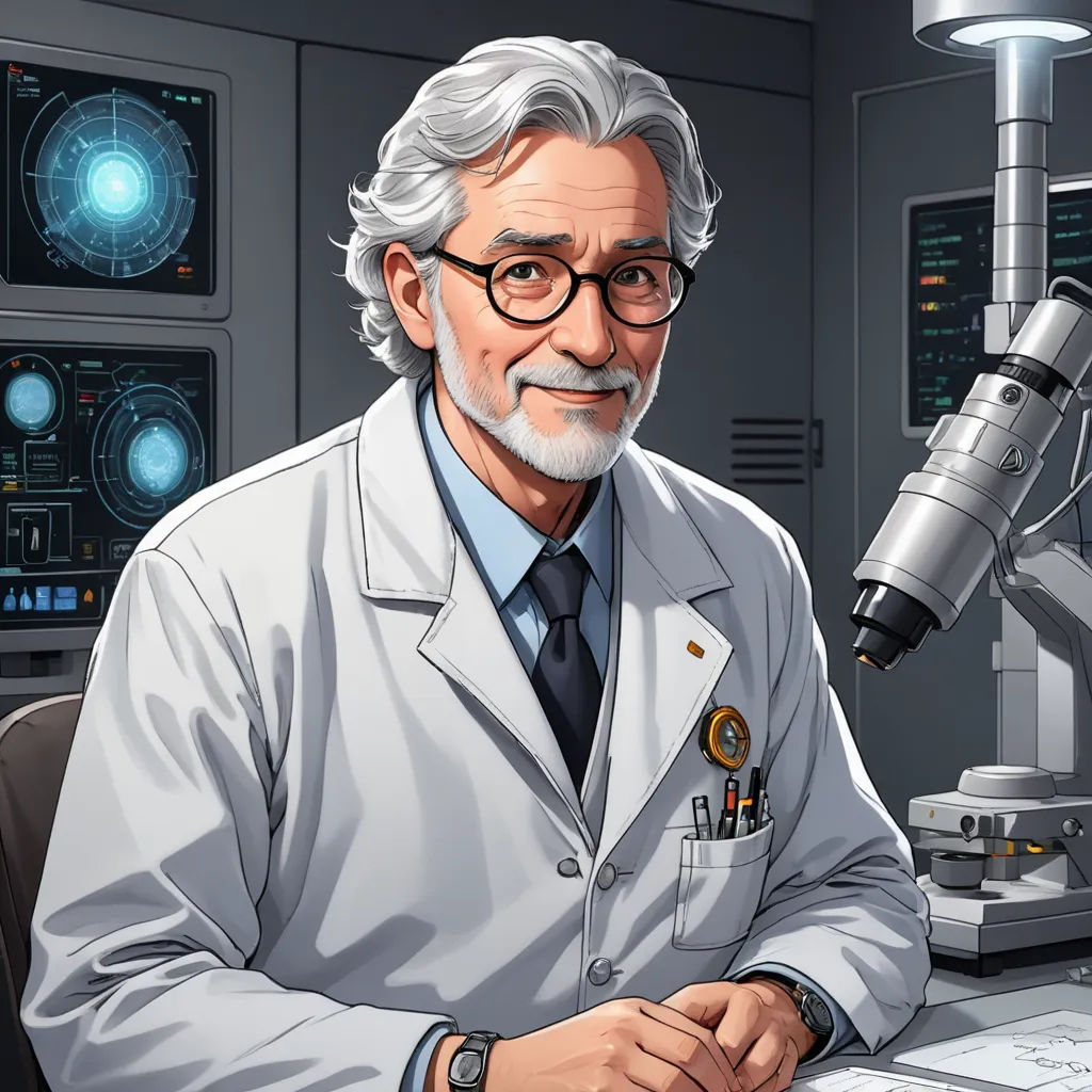a man in a lab coat sitting at a desk with a microscope and a computer monitor in front of him, rayonism, a character portrait, Edmond Xavier Kapp, official art