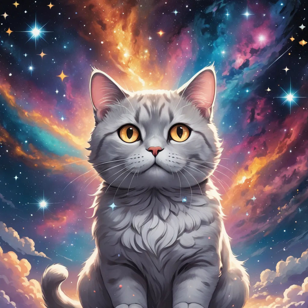 a cat sitting on a cloud filled sky with stars in the background and a colorful sky filled with stars, space art, a detailed painting, Chris LaBrooy, space