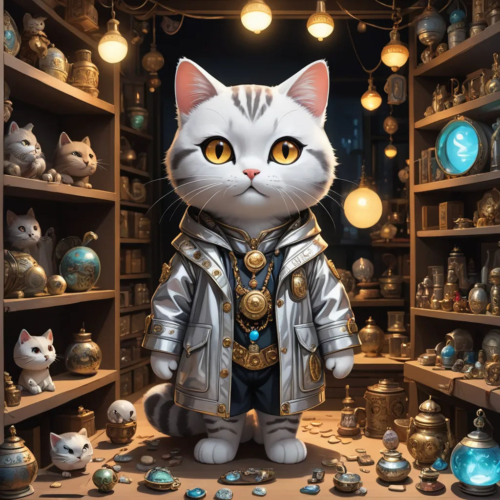 a cat in a costume surrounded by many other items and lights in a room with shelves of items and lights, fantasy art, a character portrait, Anne Stokes, magic the gathering artwork
