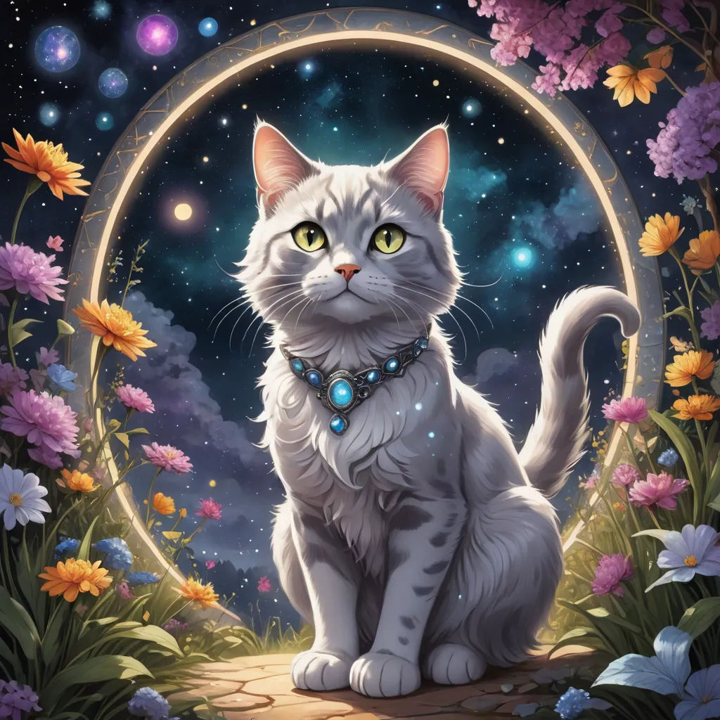 a white cat sitting in a field of flowers with a moon in the background and a blue sky with stars, fantasy art, a detailed painting, Chris LaBrooy, official art