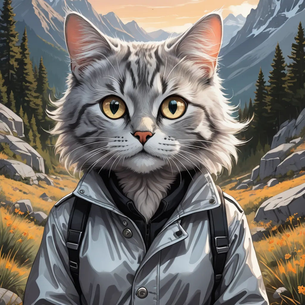 a cat with a backpack on its back standing in a field with mountains in the background and a sunset, furry art, a character portrait, Dan Mumford, comic cover art