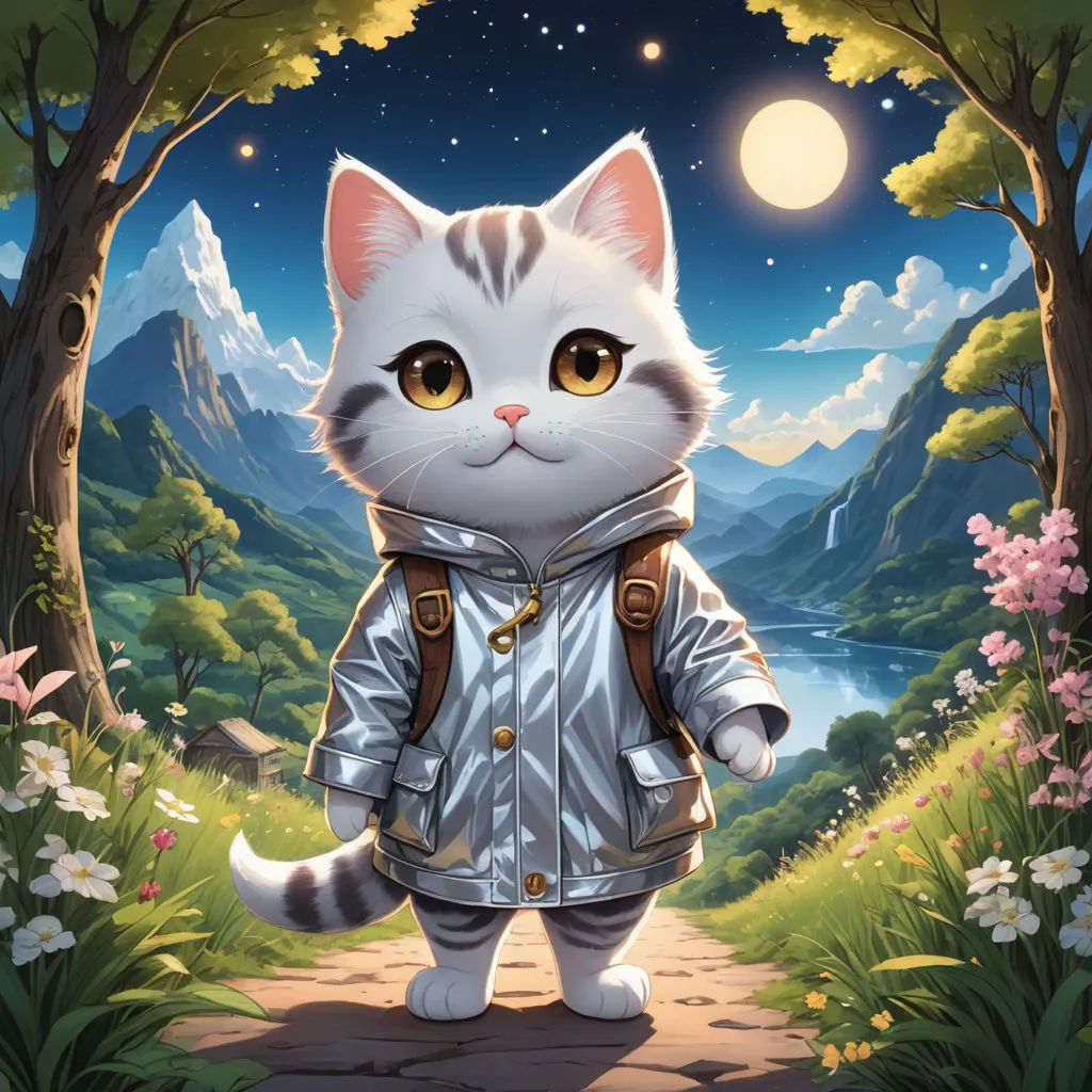 a cat dressed in a silver jacket and boots standing on a path in a forest with a full moon, space art, a character portrait, Chris LaBrooy, official art