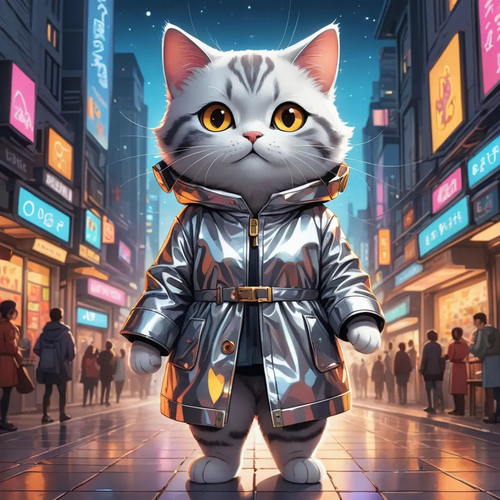 a cat dressed in a silver coat and boots standing on a city street at night with people walking around, furry art, poster art, Chris LaBrooy, official art