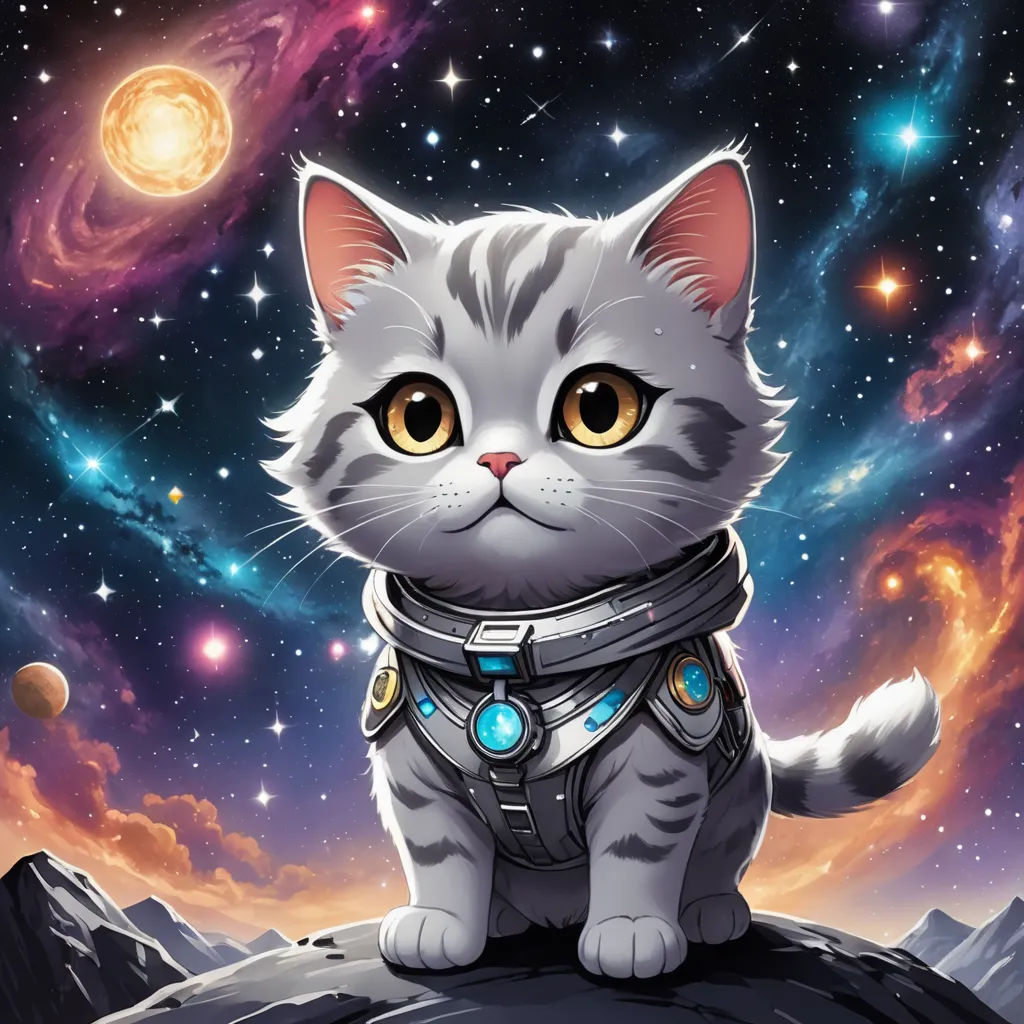 a cat in a space suit sitting on a rock looking at the stars in the sky with a planet in the background, space art, computer graphics, Chris LaBrooy, league of legends splash art