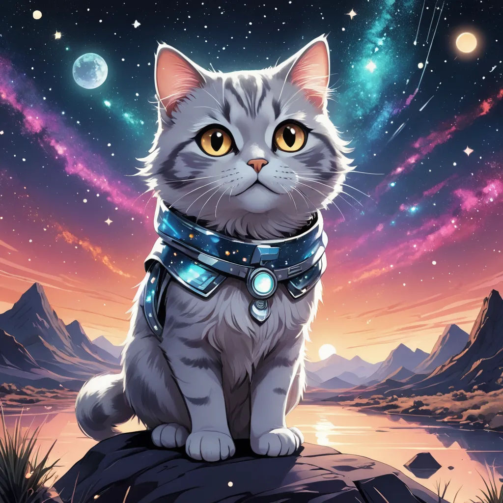 a cat with a collar and a collar on sitting on a rock in front of a night sky with stars and planets, space art, a character portrait, Chris LaBrooy, official art