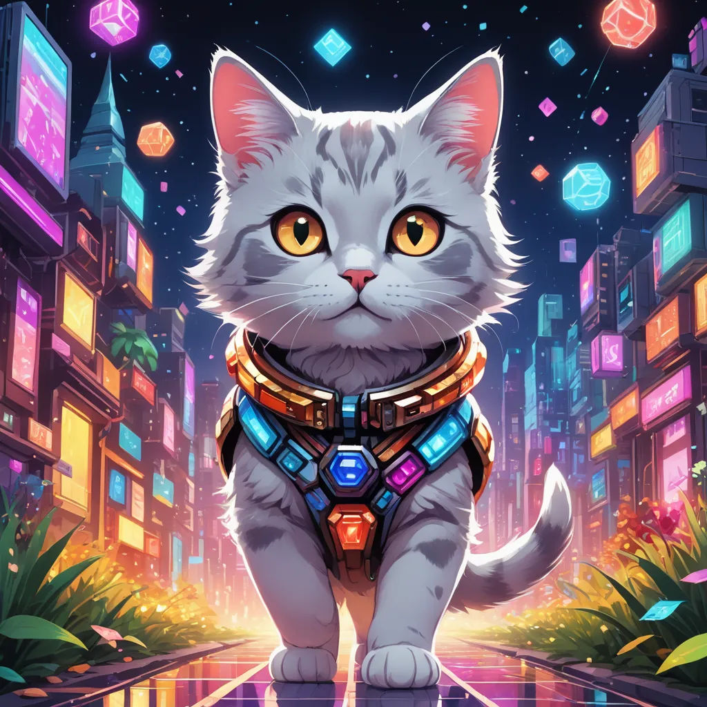 a cat with a collar and harness on walking through a city at night with neon lights and buildings in the background, fantasy art, cyberpunk art, Chris LaBrooy, rossdraws global illumination