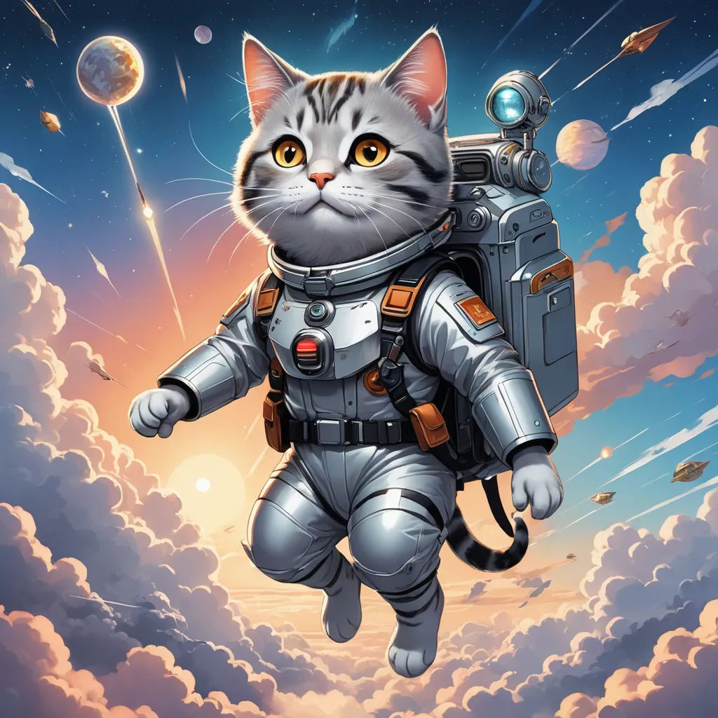 a cat in a space suit is flying through the sky with a rocket ship in the background and a space shuttle in the foreground, space art, a comic book panel, Chris LaBrooy, space