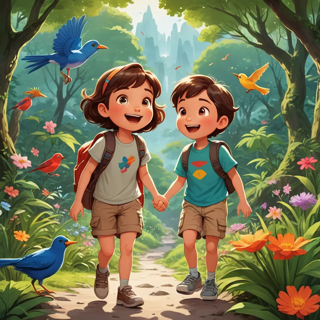 two children walking in the woods holding hands and looking at each other with birds flying around them and a castle in the background, paris school, a storybook illustration, Diego Gisbert Llorens, rossdraws global illumination