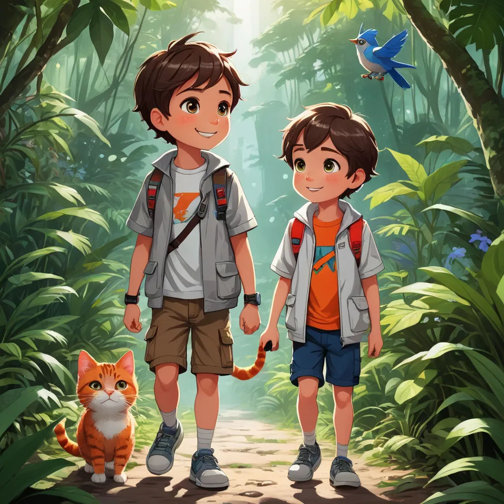 a boy and a girl are walking in the woods with a cat and bird on their shoulders and a bird on their shoulder, sots art, a storybook illustration, Diego Gisbert Llorens, rossdraws global illumination