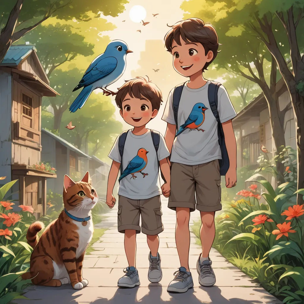 a boy and a boy standing next to a cat and bird on a path with a bird on his shoulder, vancouver school, a storybook illustration, Diego Gisbert Llorens, official art