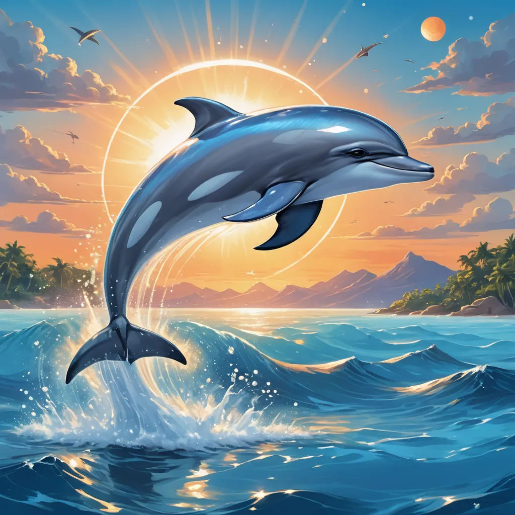 a dolphin jumping out of the water at sunset with a bird flying above it and a bird flying above it, rayonism, an airbrush painting, Dan Mumford, highly detailed digital painting