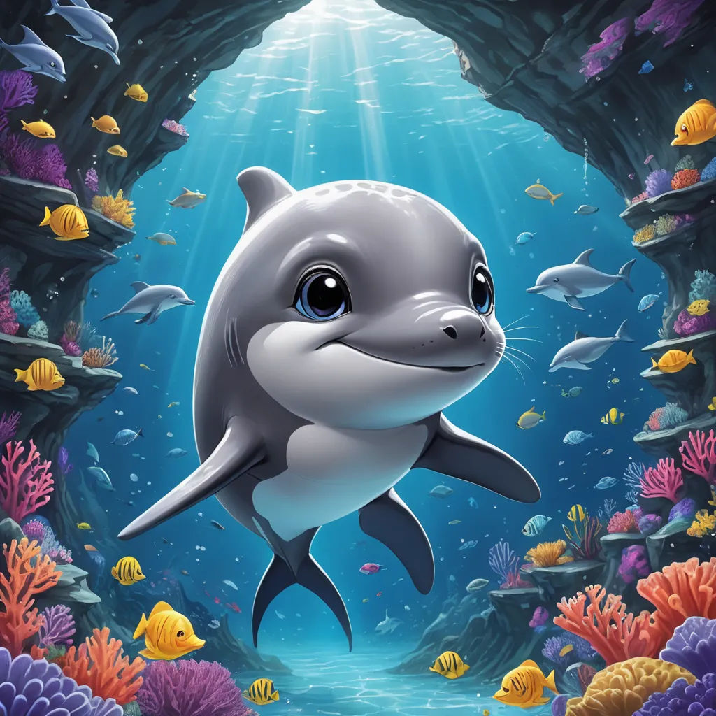 a dolphin swimming in a cave with fish and corals around it, with a light shining on the water, pop surrealism, an airbrush painting, Daphne McClure, highly detailed digital painting