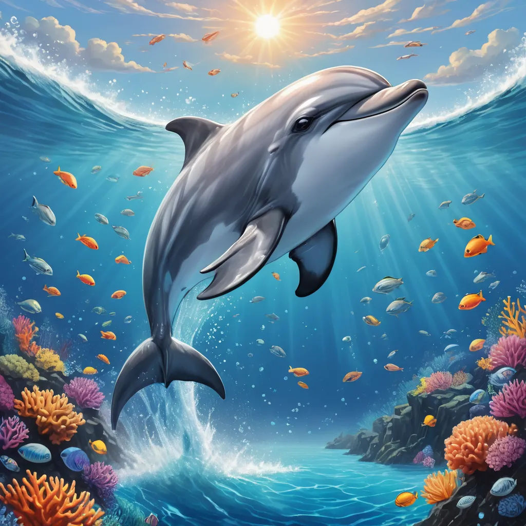 a dolphin swimming in the ocean with a lot of fish around it's neck and a sun shining above it, pop surrealism, an airbrush painting, David Martin, highly detailed digital painting