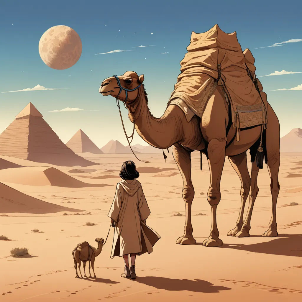 a person walking a camel in the desert with a dog on a leash next to it and a full moon in the sky, psychedelic art, egyptian art, Asaf Hanuka, desert