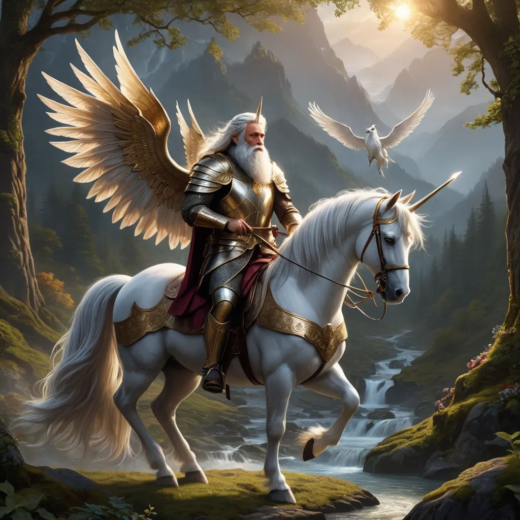 a man riding on the back of a white horse next to a bird flying over a river in a forest, fantasy art, a storybook illustration, Anne Stokes, fantasy artwork