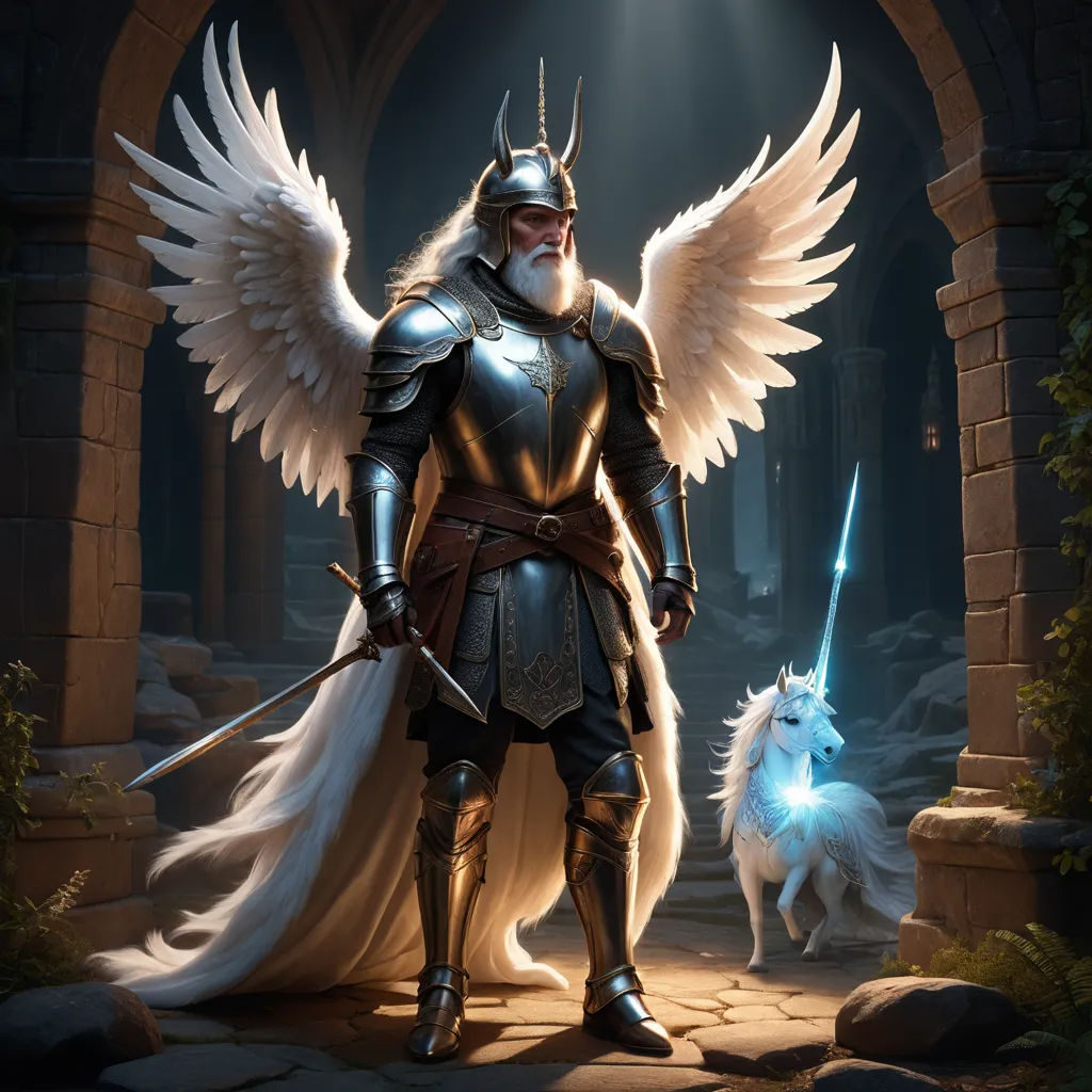 a man dressed in armor and holding a sword standing next to a white dog in a doorway with a light shining on him, fantasy art, a storybook illustration, Clint Cearley, rossdraws global illumination