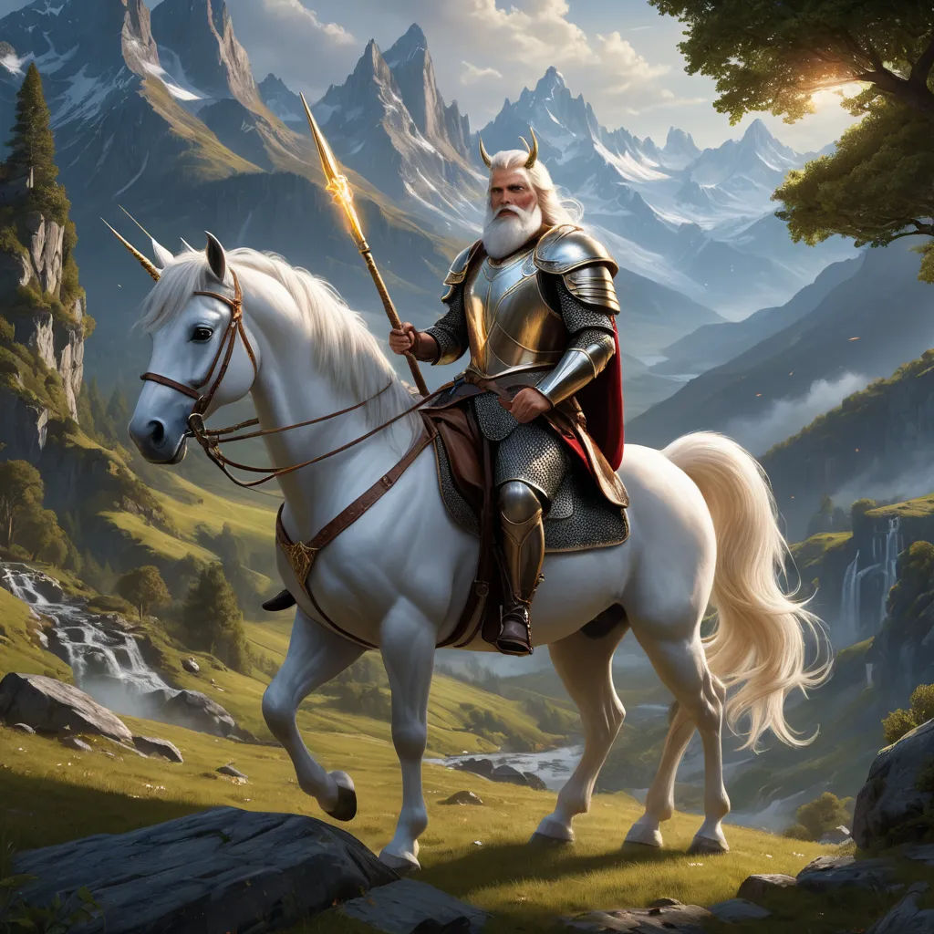 a man in a suit of armor riding a white horse in a mountainous area with mountains in the background, fantasy art, an ultrafine detailed painting, Christophe Vacher, epic fantasy character art