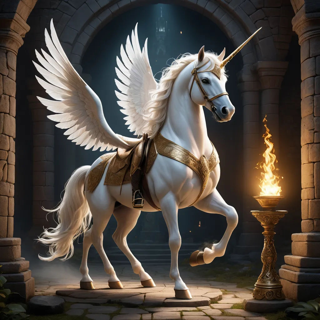 a white unicorn with wings standing next to a fire pit in a castle like setting with a candle lit, fantasy art, an ultrafine detailed painting, Anne Stokes, rossdraws global illumination