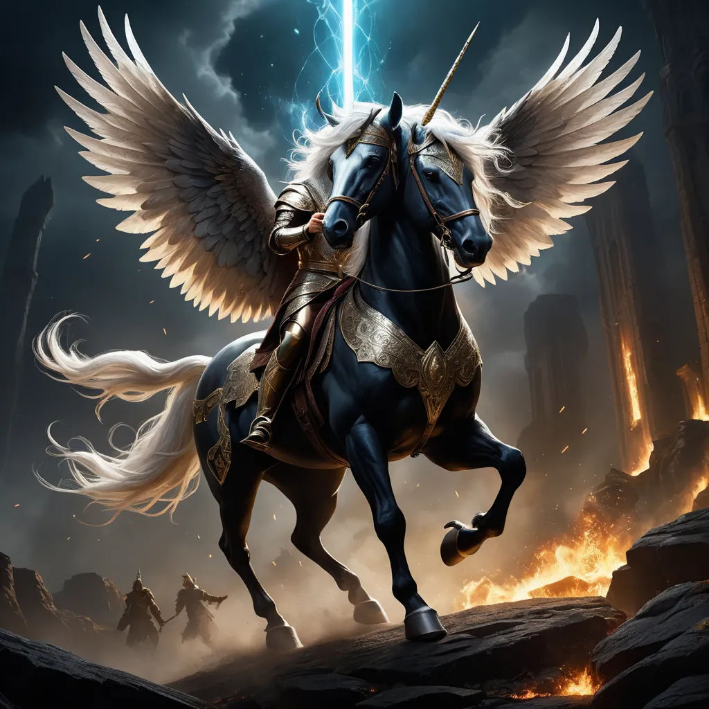 a painting of a winged horse with a rider on it's back in a dark, stormy sky, fantasy art, concept art, Anne Stokes, dark fantasy art