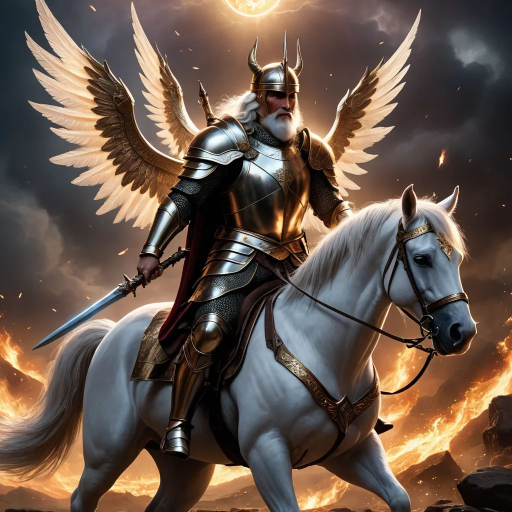 a man in armor riding a white horse with wings on it's back and a halo around his head, fantasy art, a digital rendering, Boleslaw Cybis, epic fantasy character art