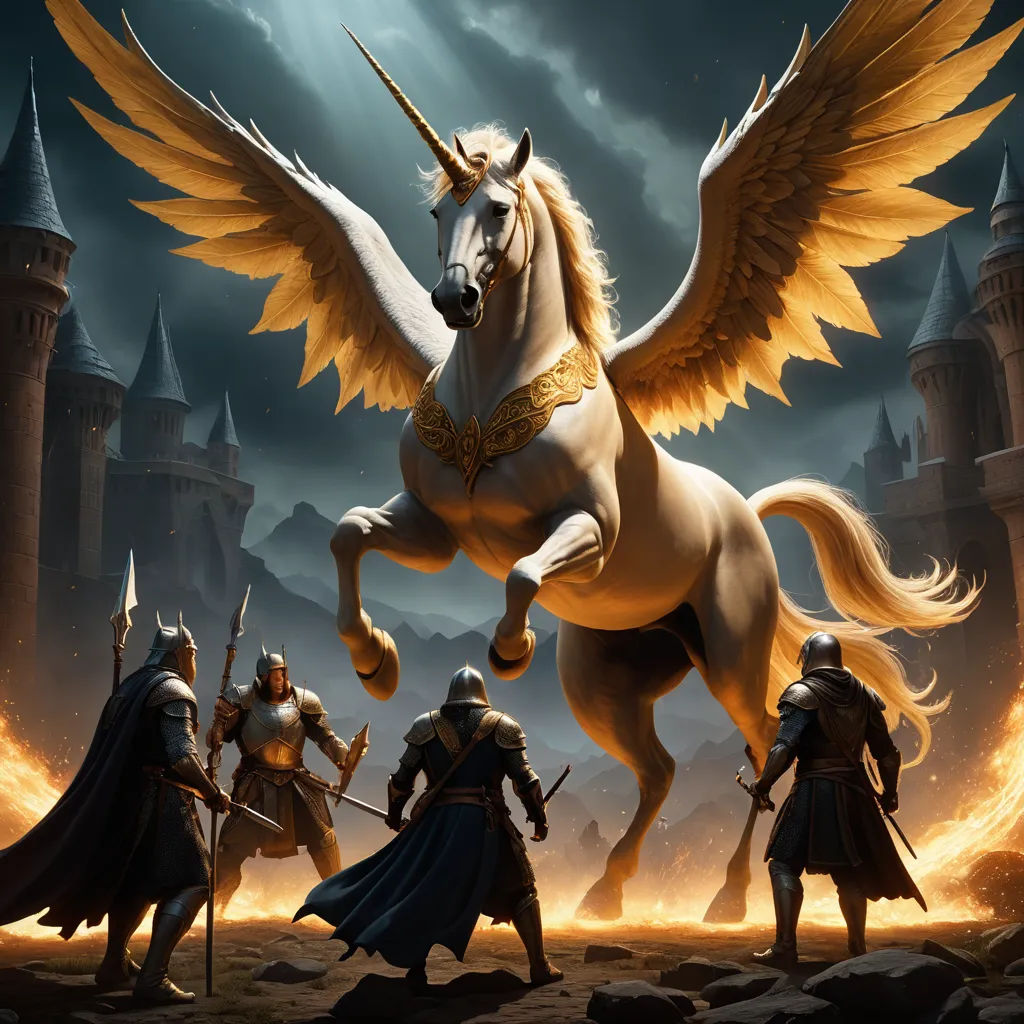 a group of knights and a unicorn in a fantasy setting with a castle in the background and a dark sky, fantasy art, concept art, Anne Stokes, fantasy artwork
