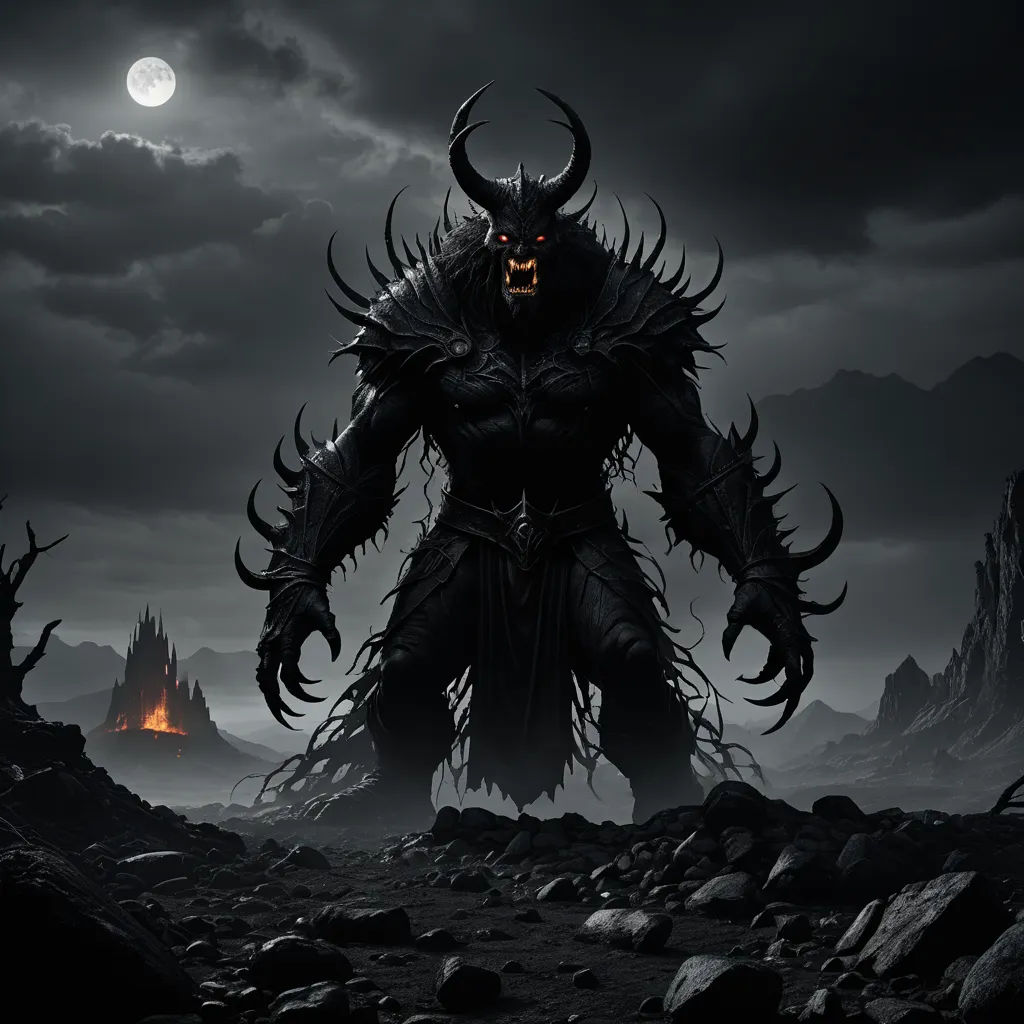 a demonic demon standing in a rocky area with a full moon in the background and a dark sky with clouds, gothic art, concept art, Anne Stokes, dark fantasy art