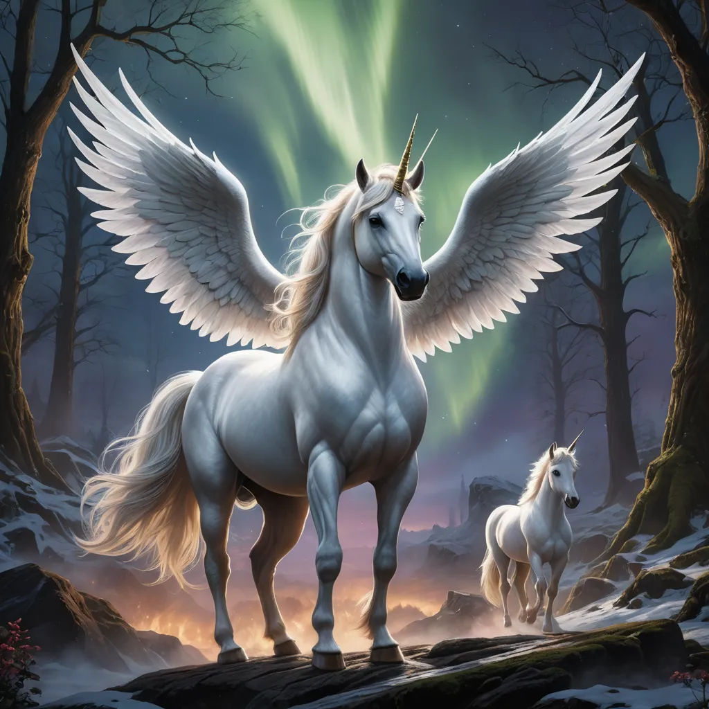 a painting of a white unicorn with wings and a white horse in the background with a green aurora light, fantasy art, an ultrafine detailed painting, Anne Stokes, magic the gathering artwork