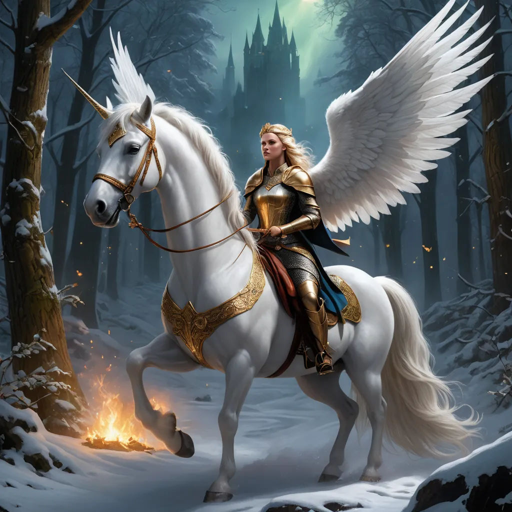 a woman riding a white horse in a snowy forest with a castle in the background and a glowing light on her head, fantasy art, an ultrafine detailed painting, Anne Stokes, fantasy artwork
