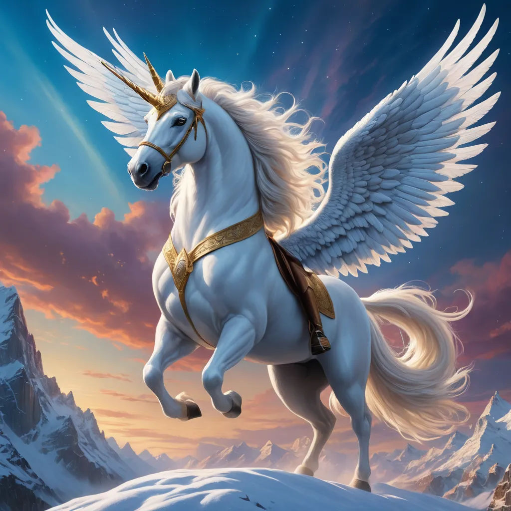 a white horse with wings flying over a mountain range at sunset with a sky background and a mountain range in the background, fantasy art, an ultrafine detailed painting, Anne Stokes, fantasy artwork