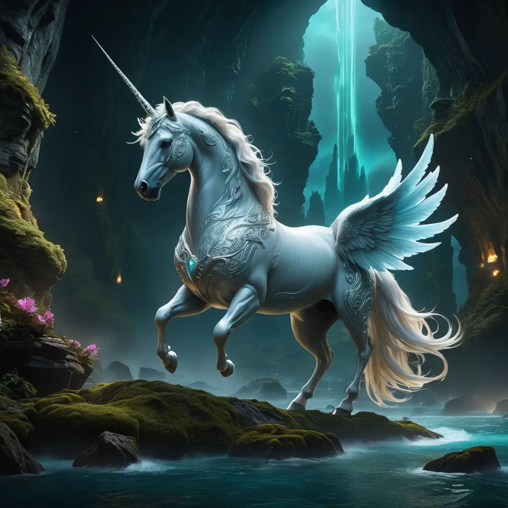 a unicorn with wings standing on a rock in a cave with a waterfall in the background and a waterfall in the foreground, fantasy art, a detailed matte painting, Anne Stokes, fantasy artwork