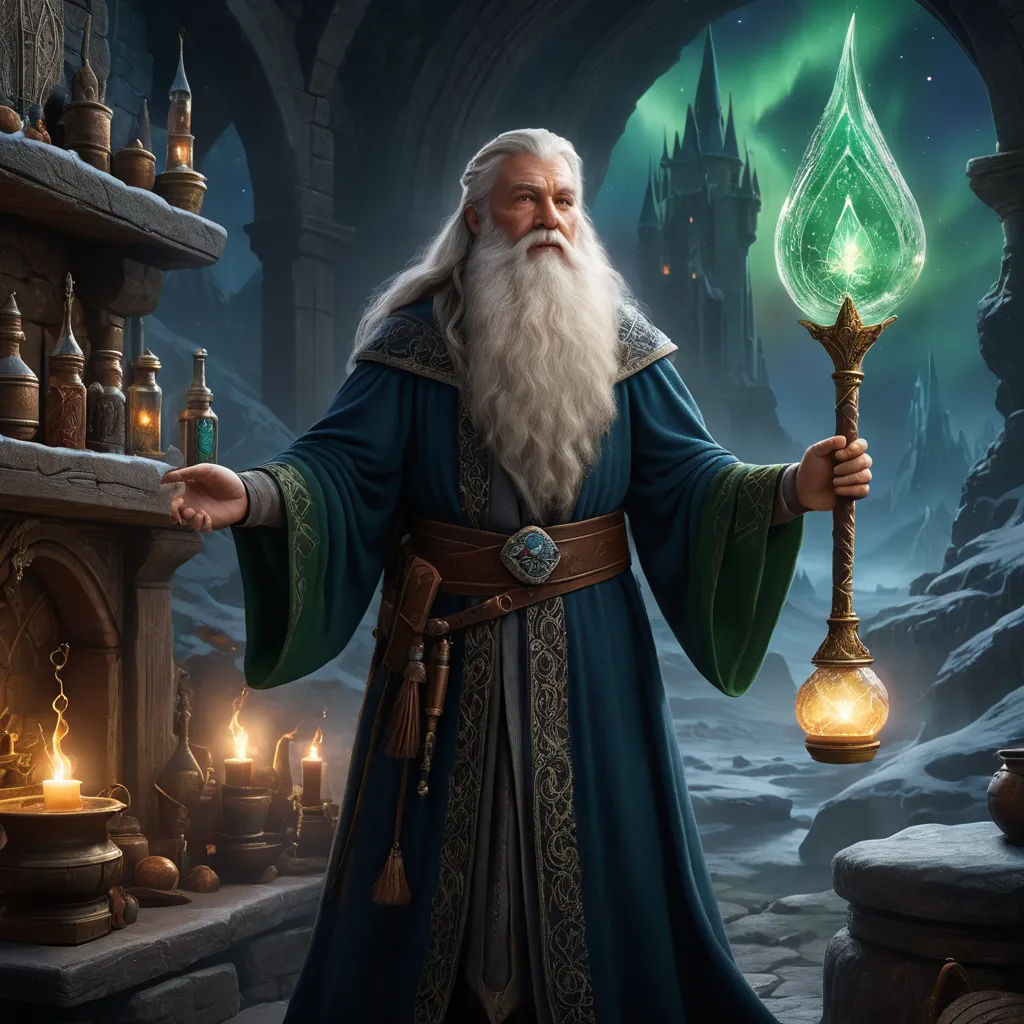 a wizard holding a green glowing lamp in his hand and standing in a snowy area with a glowing green orb, fantasy art, concept art, Clint Cearley, magic the gathering artwork