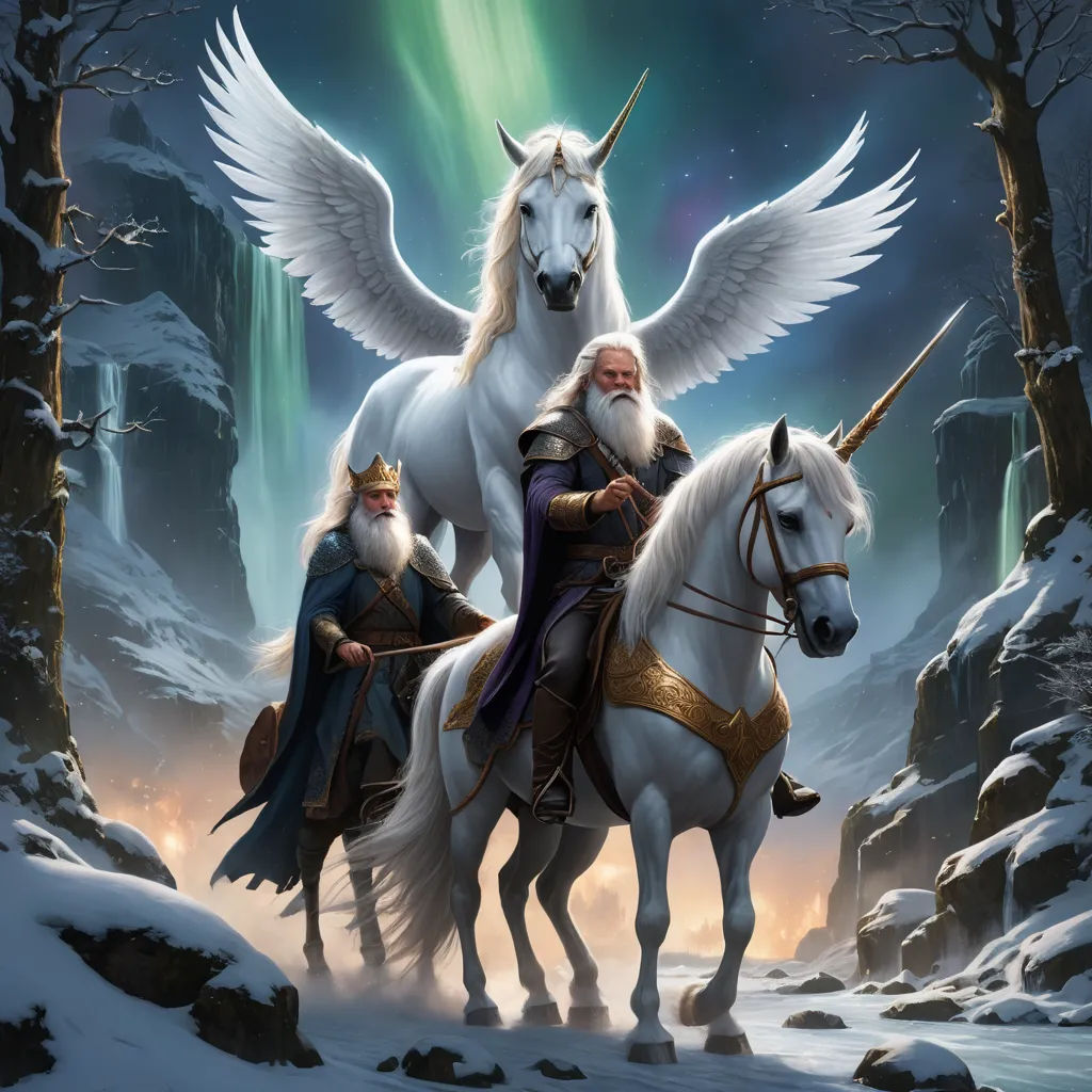 two white horses with white wings and a man on one of them riding on the back of one of them, fantasy art, a storybook illustration, Ed Binkley, fantasy artwork