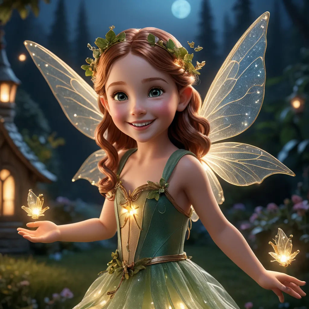 a little girl dressed in a green fairy costume holding a glowing butterfly in her hand and smiling at the camera, fantasy art, a storybook illustration, Cliff Childs, rossdraws global illumination